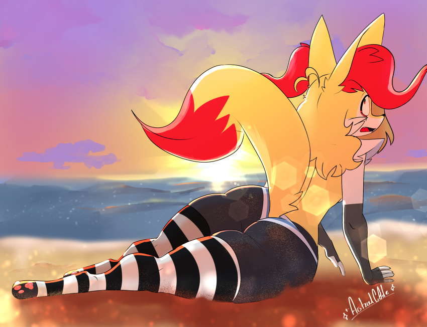 2022 ambiguous_gender anthro arm_warmers armwear astralc0de beach bottomwear braixen butt clothed clothing detailed_background digital_media_(artwork) generation_6_pokemon hi_res hotpants inner_ear_fluff legwear lens_flare looking_back nervous nintendo open_mouth partially_clothed pawpads paws pokemon pokemon_(species) raised_tail reflection sand sea shorts signature solo sunset tail thick_thighs thigh_highs tongue tuft water