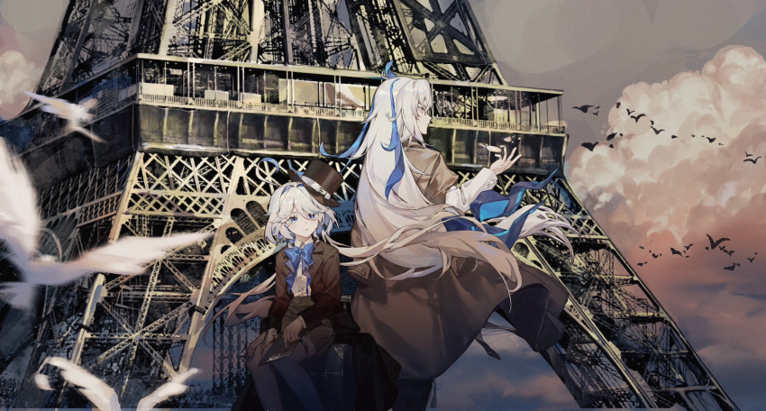 1boy 1girl ahoge bird black_coat black_hat black_jacket blue_eyes blue_hair cloud coat eiffel_tower furina_(genshin_impact) genshin_impact hair_between_eyes hat heterochromia highres jacket light_blue_hair long_hair multicolored_hair neuvillette_(genshin_impact) outdoors shorts sidelocks sitting sky standing streaked_hair suitcase top_hat two-tone_hair white_hair xuemen