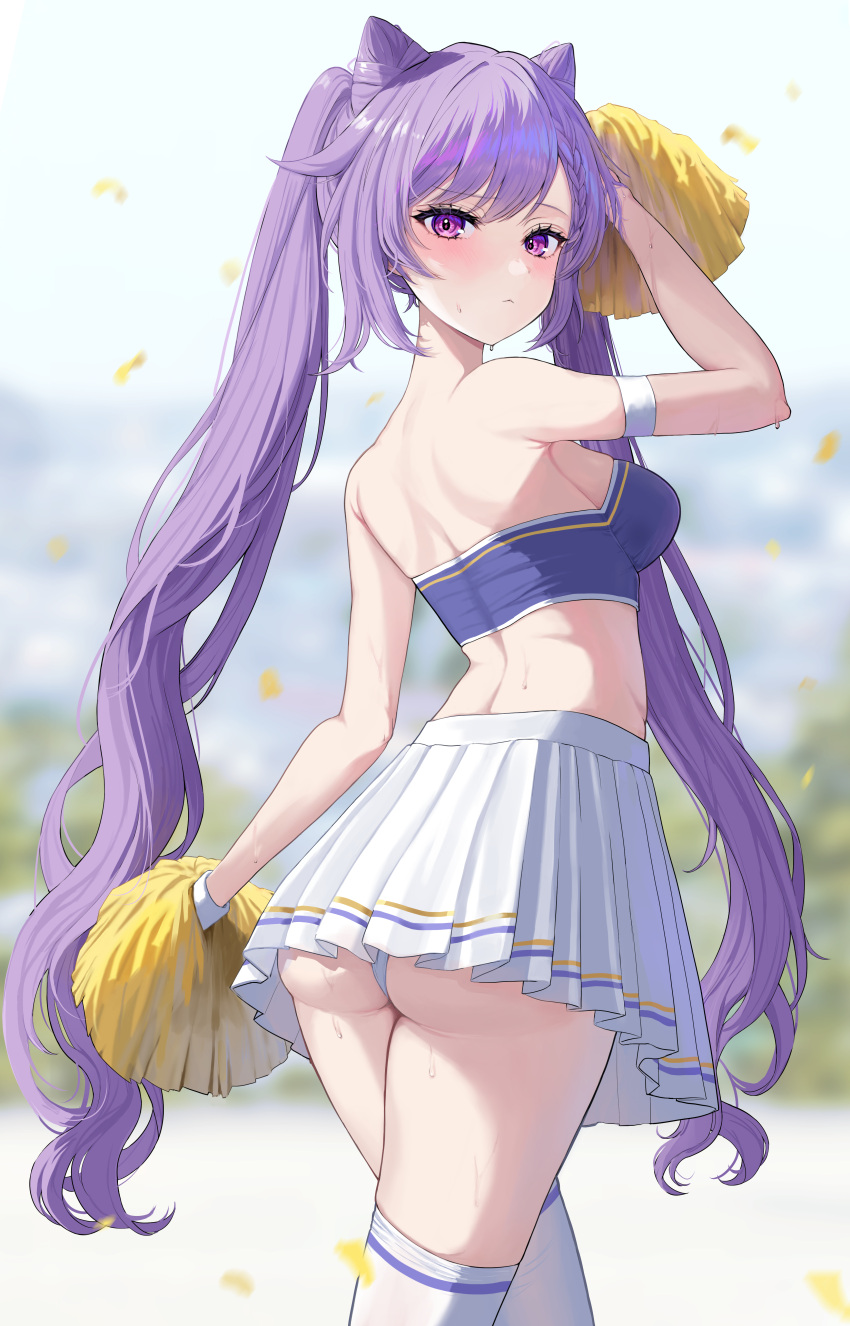 1girl absurdres arched_back arm_strap arm_up ass back bandeau bare_shoulders blurry braid breasts cheerleader closed_mouth cone_hair_bun crop_top depth_of_field from_behind genshin_impact hair_bun highres holding holding_pom_poms keqing_(genshin_impact) kuuhaku_(wutt5584) long_hair looking_at_viewer looking_back median_furrow medium_breasts midriff miniskirt panties panty_peek pink_eyes pleated_skirt pom_pom_(cheerleading) purple_eyes purple_hair skirt standing strapless sweat thighhighs thighs tube_top twintails underwear very_long_hair white_panties white_skirt white_thighhighs