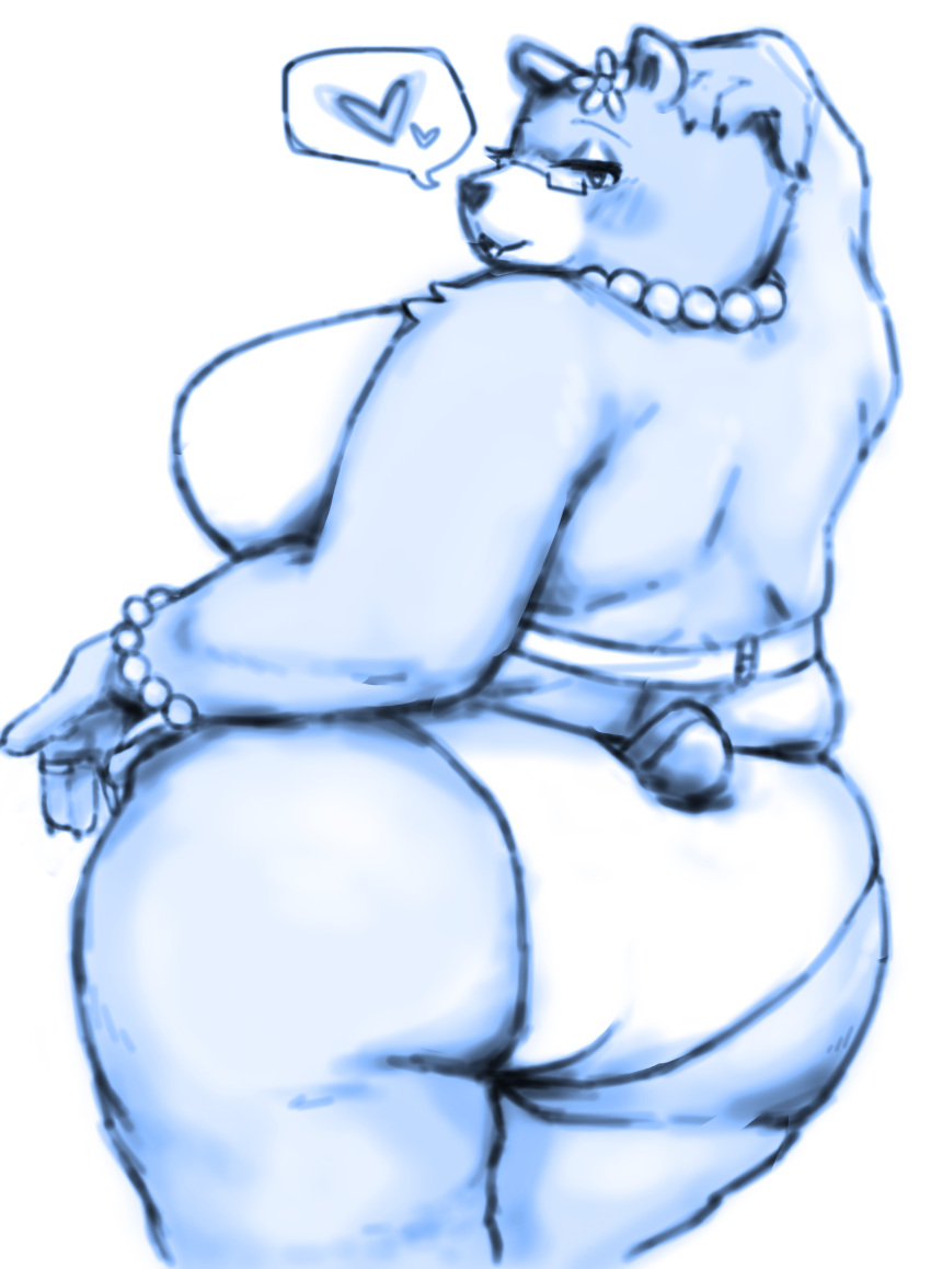 2024 absurd_res anthro arm_tuft bear bedroom_eyes big_breasts big_butt biped blue_and_white blue_heart blush blush_lines bra bracelet breasts butt claws closed_smile clothed clothed_anthro clothed_female clothing digit_ring digital_drawing_(artwork) digital_media_(artwork) elderly_anthro elderly_female eyebrows eyelashes eyelids eyeshadow eyewear female finger_claws fingers flower flower_on_head fur fur_tuft gem glasses glistening glistening_eyelids head_turned heart_symbol hi_res huge_breasts huge_butt humanoid_hands jewelry legs_together lillith_kitsune lipstick looking_at_viewer looking_back looking_back_at_viewer makeup mammal mature_anthro mature_female monochrome mouth_closed narrowed_eyes necklace old panties pearl_(gem) pearl_bracelet pearl_necklace pinup plant pose rear_view ring seductive short_tail smile smiling_at_viewer snout solo speech_bubble standing tail thick_arms thick_thighs thin_eyebrows tuft underwear wearing_glasses