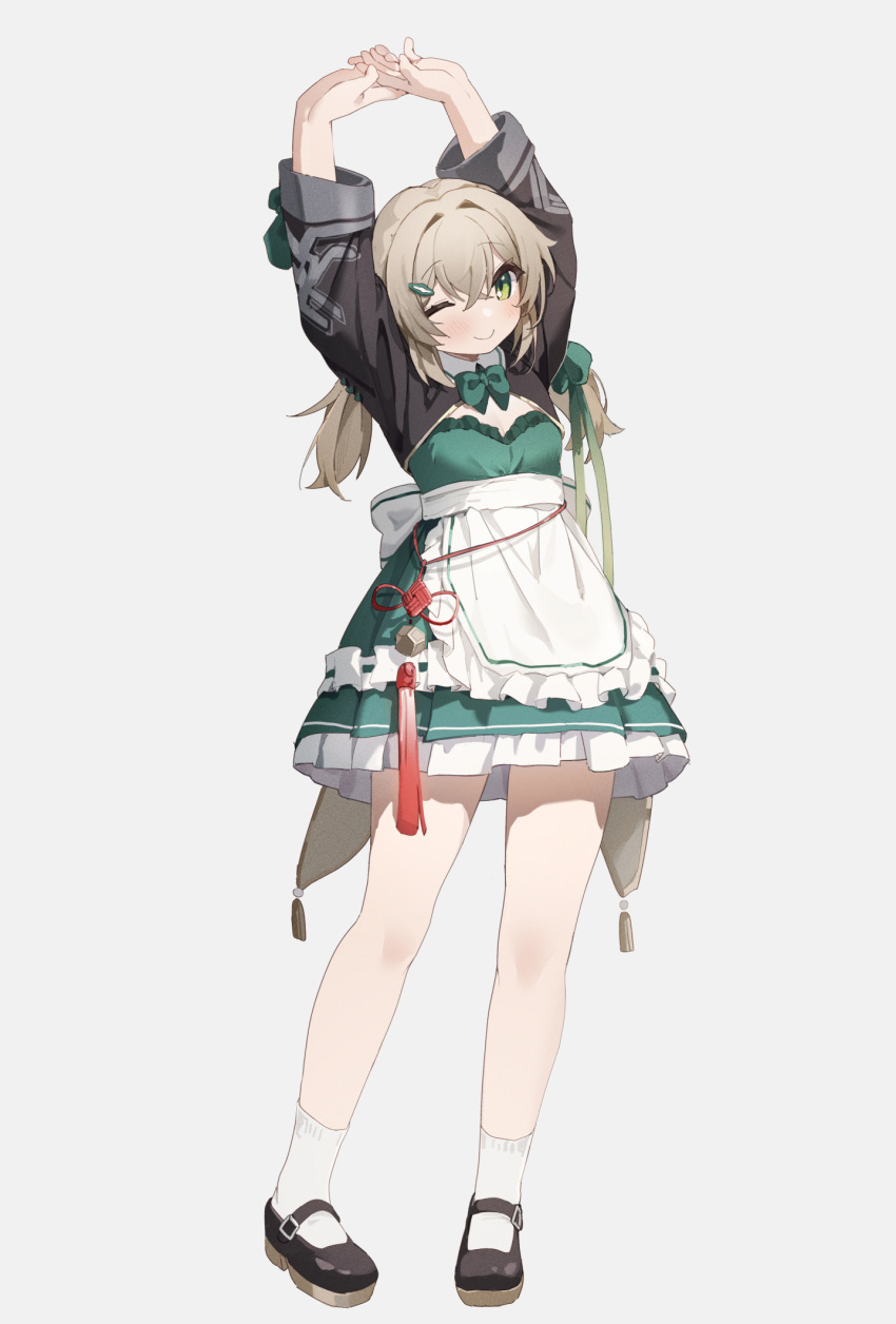 1girl alternate_costume apron arms_up black_footwear blush breasts cleavage closed_mouth coria crossed_bangs dress duplicate enmaided frilled_apron frills full_body green_dress green_eyes hair_between_eyes highres honkai:_star_rail honkai_(series) light_brown_hair long_hair long_sleeves looking_at_viewer low_twintails maid one_eye_closed own_hands_together pixel-perfect_duplicate qingque_(honkai:_star_rail) shoes sidelocks simple_background small_breasts smile socks solo stretching twintails white_apron white_background white_socks