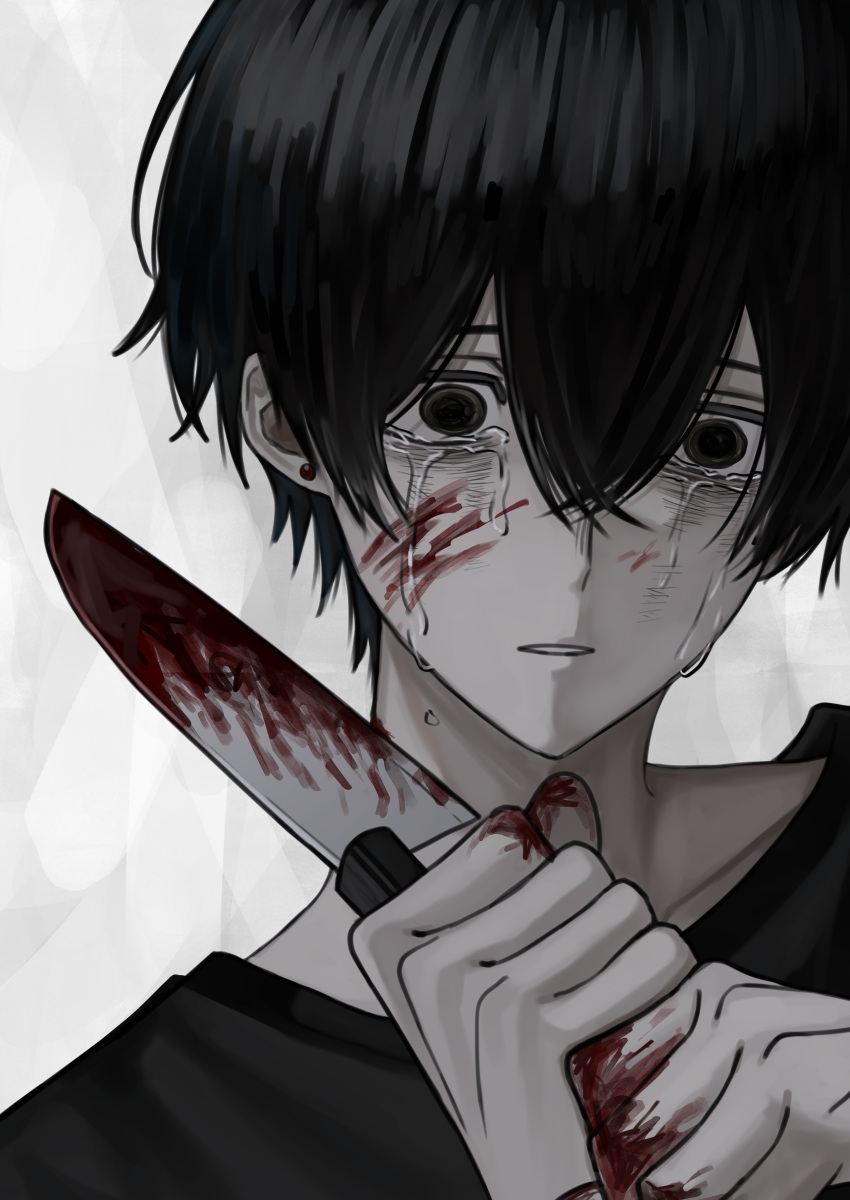 1boy absurdres akanei6no_sora black_eyes black_hair black_shirt blood blood_on_face blood_on_hands blood_on_knife crying crying_with_eyes_open earrings empty_eyes grey_background guro hair_between_eyes highres holding holding_knife jewelry kitchen_knife knife looking_ahead male_focus original pale_skin parted_lips portrait shirt short_hair solo stud_earrings tearing_up tears white_background