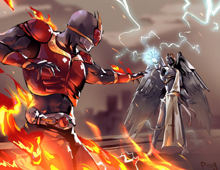 android belt black_bodysuit black_gloves blurry blurry_background bodysuit burning cloud commission crossover electricity english_commentary fire gloves glowing glowing_hand helmet highres kamen_rider kamen_rider_kuuga kamen_rider_kuuga_(series) mechanical_wings megami_tensei metal_skin metatron_(megami_tensei) open_hand prog_ares sky toga tokusatsu wings