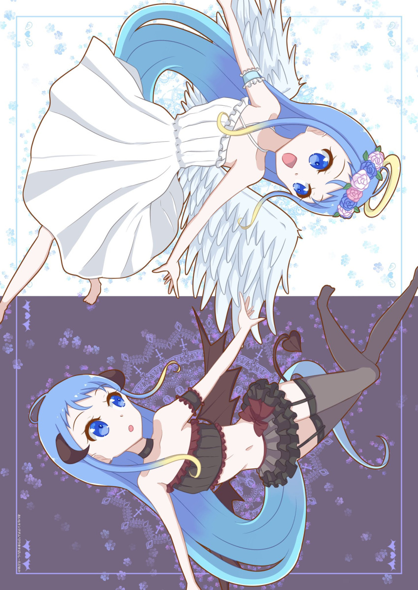 angel_and_devil angel_wings black_thighhighs blue_eyes blue_hair demon_wings dress dual_persona flower garter_straps halo head_wreath highres horns kantai_collection long_hair navel pista_land rose samidare_(kancolle) thighhighs very_long_hair white_dress wings