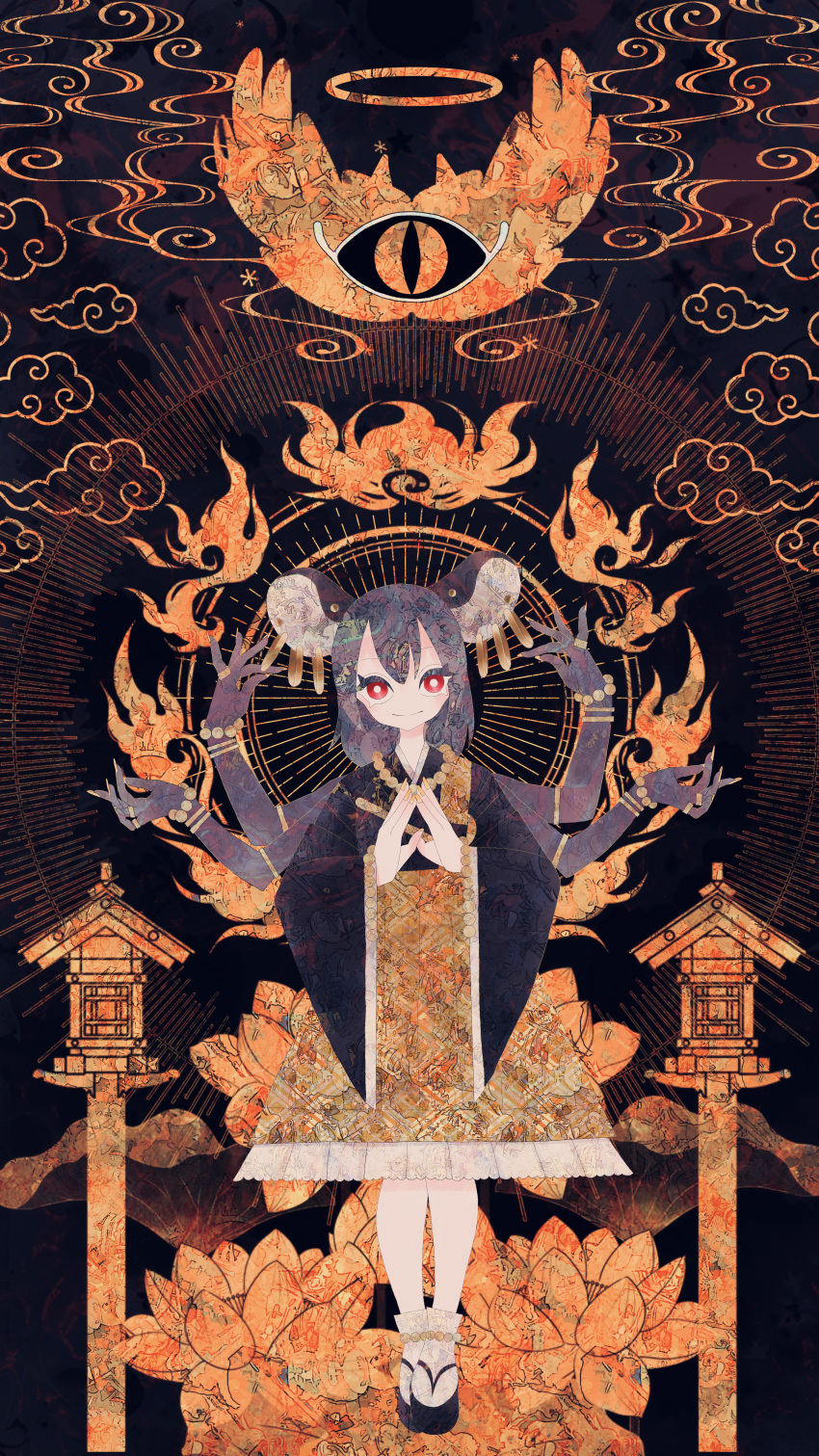 1girl absurdres animal_ear_piercing animal_ears bead_bracelet bead_necklace beads black_footwear boku_(isizakitakasi) bracelet bright_pupils buddhism closed_mouth cloud commentary extra_arms fire flower full_body grey_hair halo highres jewelry lantern leaf legs_together long_sleeves looking_at_viewer lotus mahakala mouse_ears mouse_girl nail_polish nazrin necklace orange_halo orange_nails orange_skirt own_hands_together print_skirt red_eyes skirt smile solo standing straight-on touhou white_pupils whorled_clouds wide_sleeves wooden_lantern