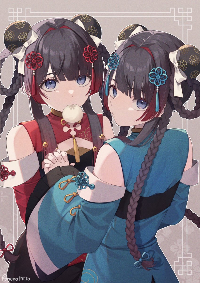 2girls alternate_color back_hair bare_shoulders black_hair black_shorts blue_dress blue_eyes blue_flower blue_sleeves blunt_bangs bow braid braided_hair_rings bun_cover chinese_clothes closed_mouth detached_sleeves double_bun dress flower gradient_hair hair_bow hair_bun hair_flower hair_intakes hair_ornament highres holding_hands interlocked_fingers long_hair long_sleeves looking_at_viewer looking_back mouth_hold multicolored_hair multiple_girls nijisanji nono_chitose official_alternate_costume red_dress red_flower red_hair red_sleeves shorts tassel tassel_hair_ornament tsukino_mito tsukino_mito_(china_dress) twin_braids very_long_hair virtual_youtuber white_bow wide_sleeves