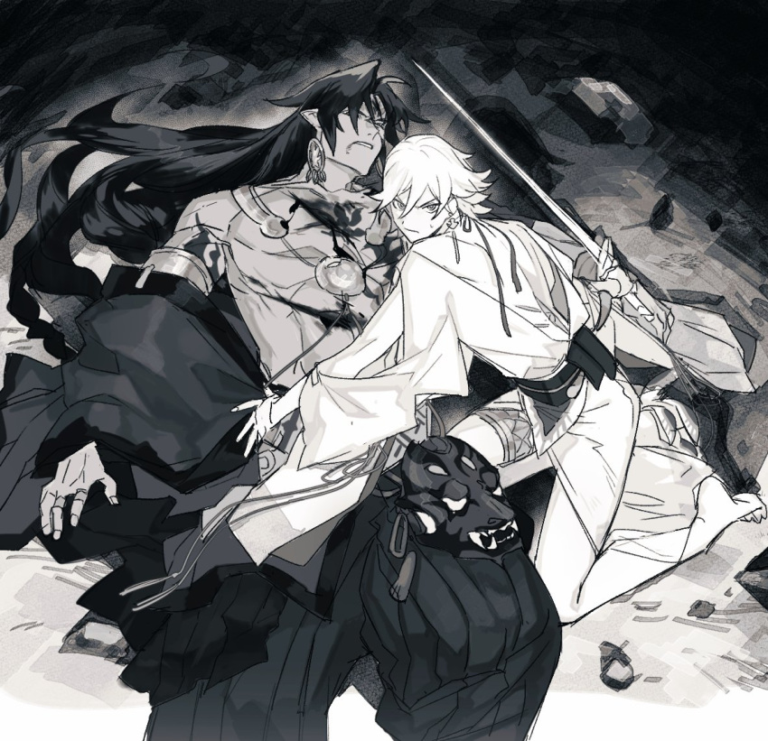 2boys arm_cutout arm_tattoo asura_(onmyoji) bare_legs bare_pectorals barefoot blood blood_from_mouth blood_on_chest bridal_garter chest_tattoo chinese_commentary clenched_teeth closed_eyes commentary_request dark-skinned_male dark_skin earrings facial_mark flame_tattoo forehead_mark greyscale hakama hakama_pants haori holding holding_sword holding_weapon hoop_earrings injury jacket jacket_partially_removed japanese_clothes jewelry jionghai katana kimono kneeling leaning_forward long_hair long_sleeves lying male_focus mask monochrome multiple_boys on_back oni_mask onmyoji pants pectorals pointy_ears protecting rock short_hair sweatdrop sword taishakuten_(onmyoji) tassel tassel_earrings tattoo teeth toes toned toned_male unworn_mask v-shaped_eyebrows very_long_hair weapon wide_sleeves yaoi