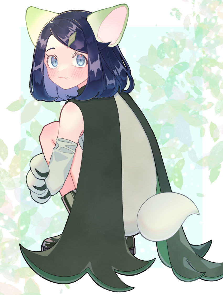 1girl black_hair blue_eyes blush boots closed_mouth cosplay elbow_gloves eyelashes fang full_body gloves hair_ornament hairclip highres kana_(kanna_runa0620) liko_(pokemon) looking_at_viewer medium_hair meowscarada meowscarada_(cosplay) pokemon pokemon_(anime) pokemon_ears pokemon_horizons skin_fang solo squatting standing