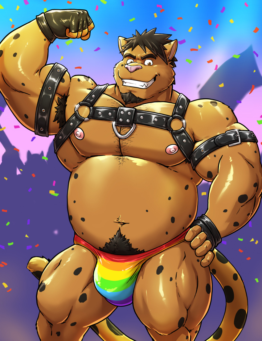 abs anthro beard big_pecs black_hair black_spots bulge clothing confetti domestic_cat facial_hair felid feline felis fur gloves gojho hair handwear harness hi_res josh_(joshdan) leather lgbt_pride male mammal markings multicolored_clothing multicolored_speedo multicolored_swimwear musclegut muscular muscular_anthro muscular_male nipples pecs pride_color_clothing pride_color_speedo pride_color_swimwear pride_colors rainbow_pride_colors rainbow_speedo six-stripe_rainbow_pride_colors solo speedo spots stripes swimwear tan_body