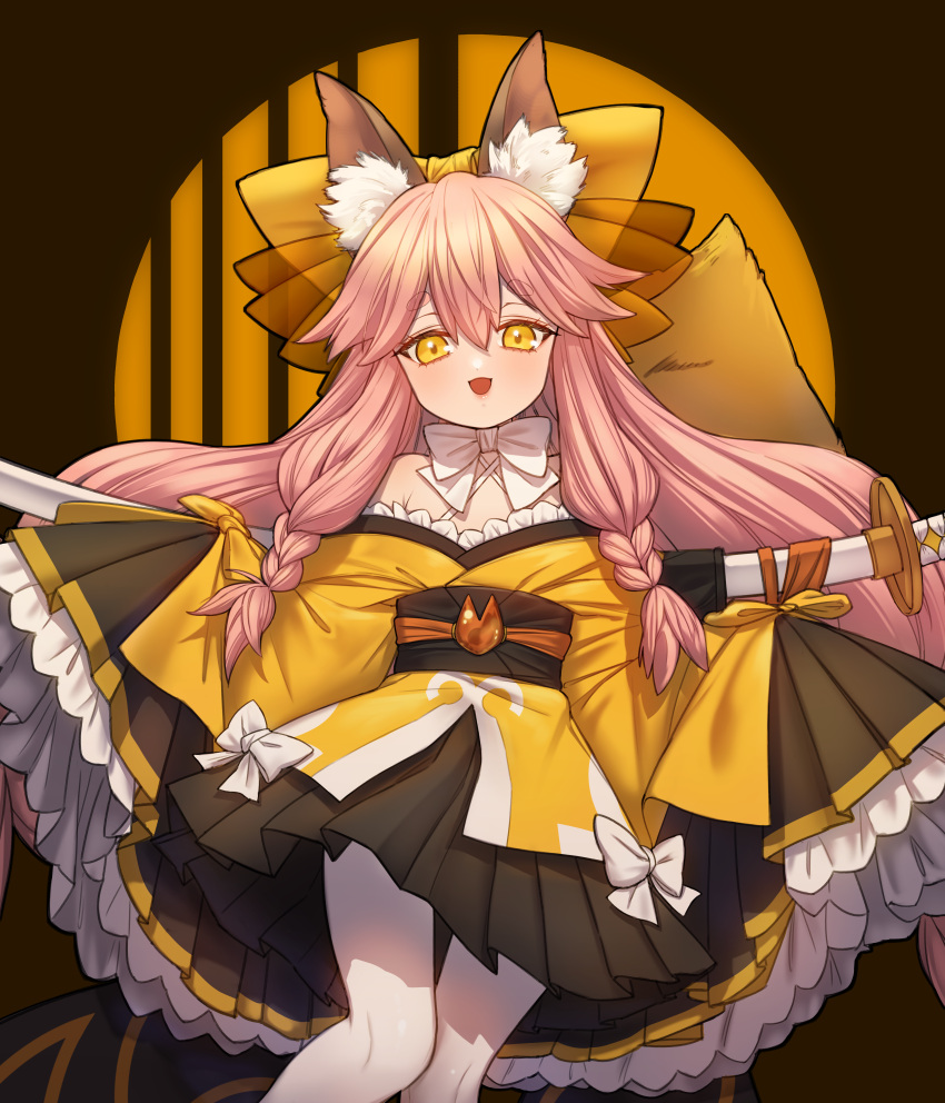 1girl :d absurdres animal_ear_fluff animal_ears armpit_crease bare_shoulders black_sash black_skirt blush bow braid brown_background commentary criss-cross_halter double-parted_bangs eyelashes fate/samurai_remnant fate_(series) feet_out_of_frame floating_hair fox_ears fox_girl fox_tail frilled_kimono frilled_sleeves frills hair_between_eyes hair_bow halterneck highres holding holding_sword holding_weapon japanese_clothes katana kimono long_hair looking_at_viewer low_twin_braids open_mouth pantyhose pink_hair pleated_skirt qsword sash short_eyebrows simple_background skirt sleeves_past_fingers sleeves_past_wrists smile solo standing straight_hair sword tail tamamo_(fate) tamamo_aria_(fate) thick_eyebrows tsurime twin_braids very_long_hair weapon white_bow white_pantyhose wide_sleeves yellow_bow yellow_eyes yellow_kimono