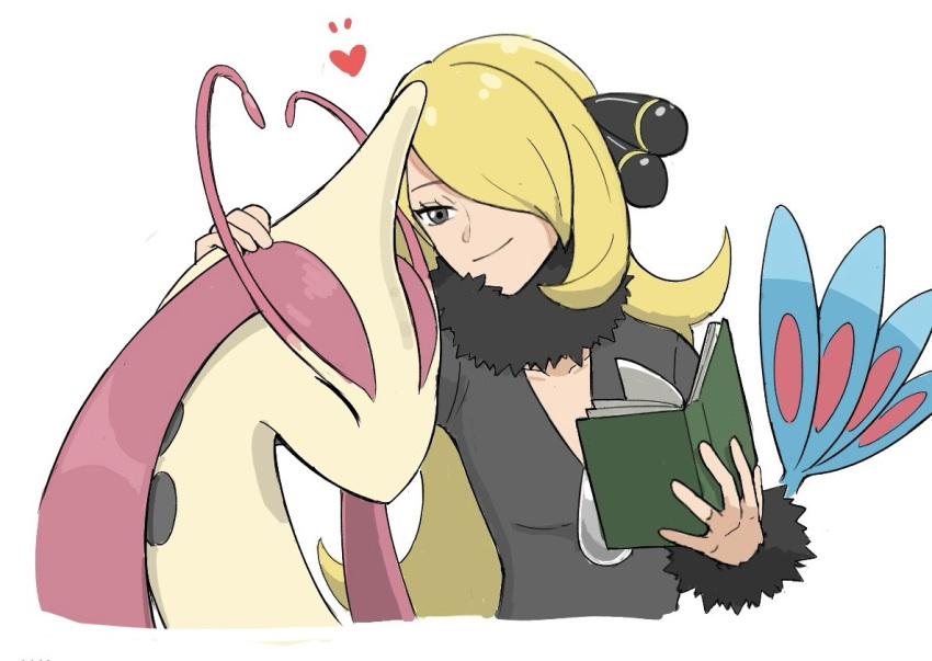 1girl antennae black_dress black_eyes blonde_hair book breasts cleavage closed_eyes collarbone commentary_request cynthia_(pokemon) dress fish fur_trim hair_over_one_eye headpat heart holding holding_book long_hair milotic p_0_a pokemon pokemon_(creature) pokemon_dppt smile