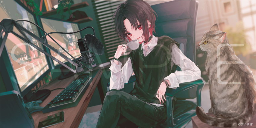 1girl animal black_hair black_pants blurry blurry_background brown_eyes cat cellphone chair collared_shirt commentary_request controller cup depth_of_field dress_shirt ear_piercing game_controller hand_up highres holding holding_cup indoors keyboard_(computer) kisaragi_ren_(vtuber) looking_at_viewer makihitsuji microphone monitor mouse_(computer) mousepad_(object) multicolored_hair office_chair official_art on_chair pants parted_bangs phone piercing red_eyes red_hair sample_watermark shirt smile solo sweater_vest swivel_chair two-tone_hair virtual_youtuber vspo! watermark white_shirt