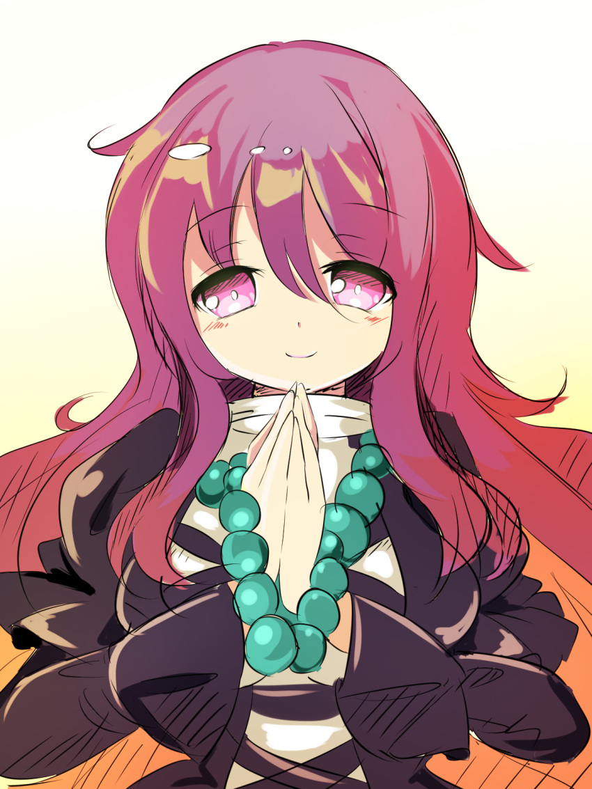 1girl closed_mouth dress gradient_background gradient_hair hair_between_eyes harakune_(mugennero) highres hijiri_byakuren juliet_sleeves light_smile long_hair long_sleeves looking_at_viewer multicolored_hair own_hands_together puffy_sleeves purple_eyes purple_hair solo touhou upper_body very_long_hair white_dress