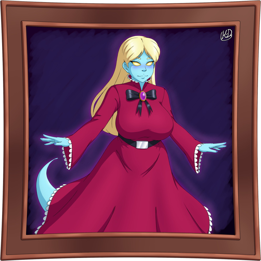 big_breasts blonde_hair blue_body blush breasts clothed clothing dress empty_eyes eyelashes female ghost ghost_tail hair hi_res humanoid keyboard-draws long_hair looking_at_viewer luigi's_mansion mario_bros melody_pianissima nintendo picture_frame pink_clothing pink_dress purple_background simple_background smile solo spirit tail tailed_humanoid wide_hips yellow_eyes