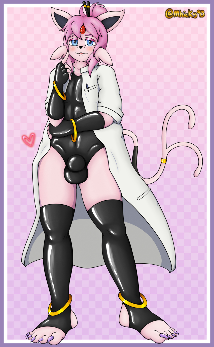 absurd_res accessory anklet anthro bangle bedroom_eyes big_feet blush bracelet bulge clothing coat eeveelution espeon feet furgonomics generation_2_pokemon hair hair_accessory handwear hi_res humanoid jewelry kyna_(kynainabottle) lab_coat latex latex_clothing latex_handwear latex_legwear legwear male mhicky93 nails narrowed_eyes nintendo pokemon pokemon_(species) ring seductive solo tail tail_accessory tail_jewelry tail_ring thick_thighs tied_hair topwear wide_hips