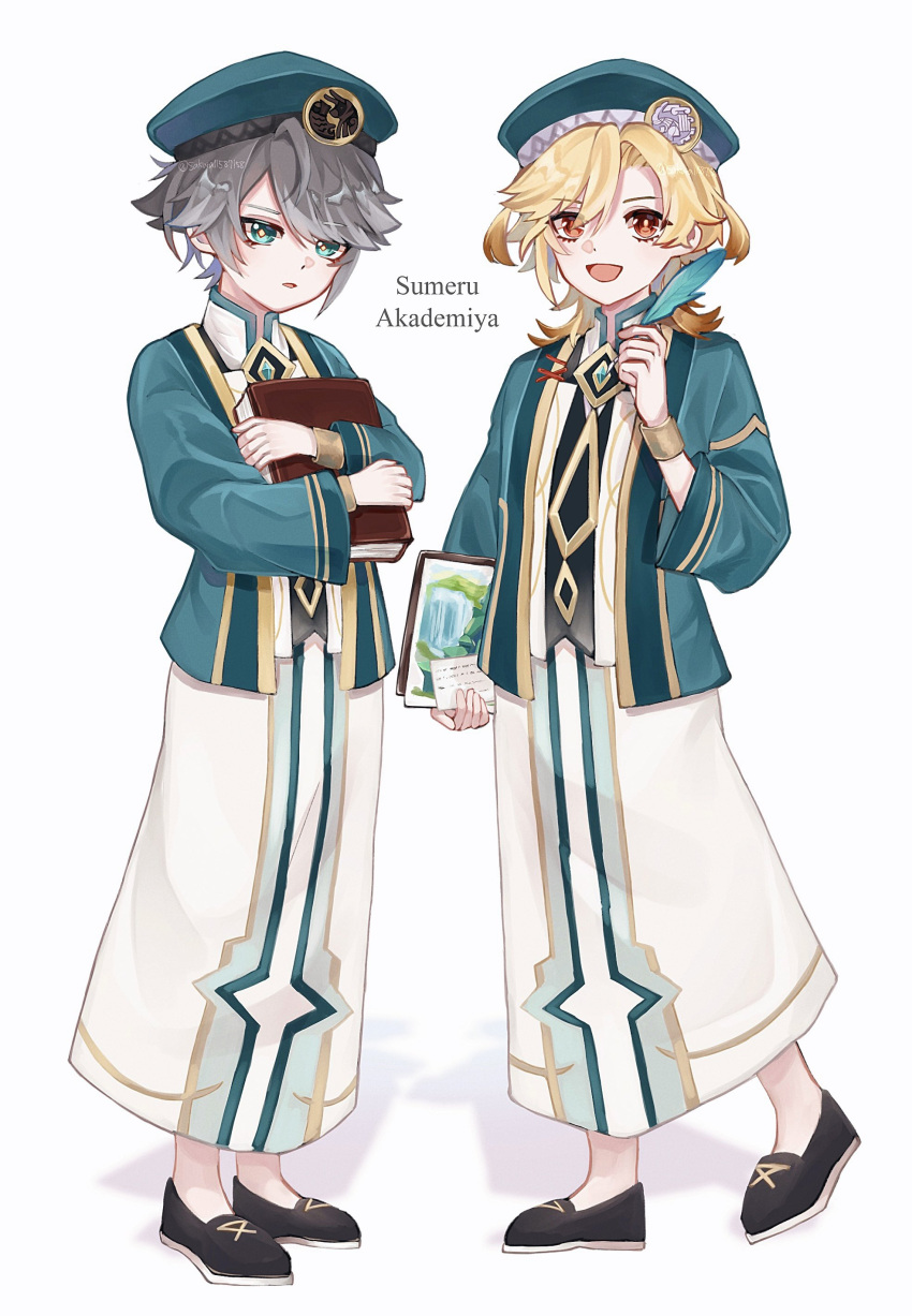 2boys :d absurdres aged_down akademiya_uniform alhaitham_(genshin_impact) artist_name badge beret black_footwear blonde_hair book bracelet clipboard commentary_request drawing_(object) feathers gem genshin_impact gold_trim green_eyes green_gemstone green_hat green_jacket grey_hair hair_between_eyes hand_up hat highres holding holding_book holding_clipboard holding_quill hugging_object jacket jewelry kaveh_(genshin_impact) long_hair long_sleeves looking_at_viewer male_focus multiple_boys open_clothes open_jacket open_mouth paper parted_bangs quill red_eyes sakura11587158 shirt shoes short_hair sidelocks simple_background skirt smile standing swept_bangs twitter_username white_background white_shirt white_skirt wide_sleeves