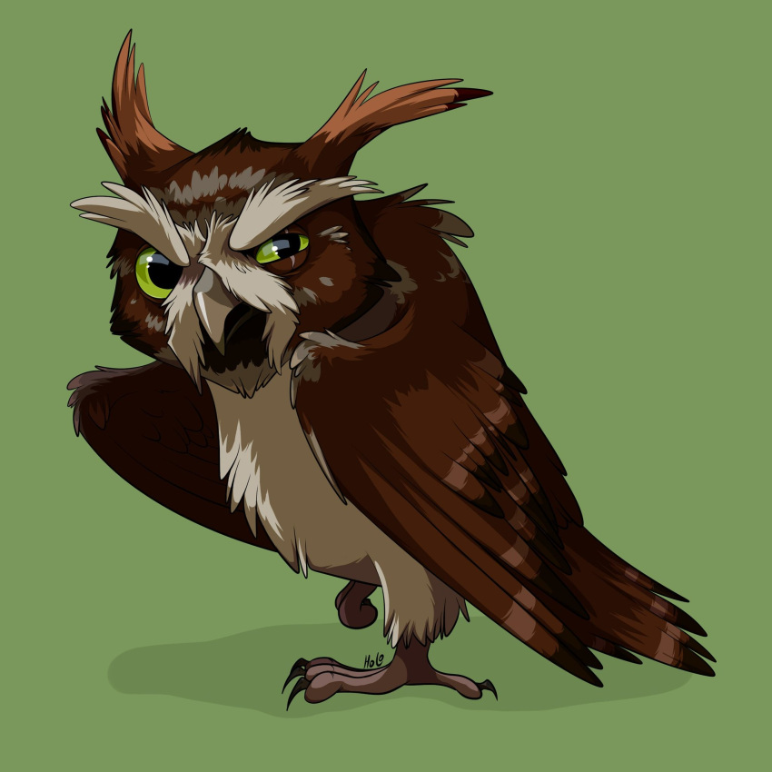 art_by_holo avian bird brown_body brown_feathers elderly_male ezylryb feathers feral green_background green_eyes guardians_of_ga'hoole hi_res male owl simple_background solo