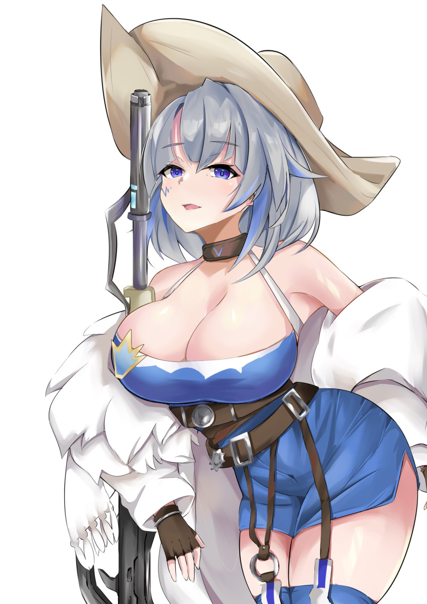 1girl alchemy_stars azure_(alchemy_stars) belt blue_dress blue_eyes blue_hair blue_thighhighs breasts brown_choker brown_gloves brown_hat choker cleavage coat cowboy_hat dress facial_tattoo feet_out_of_frame fur-trimmed_coat fur_trim garter_belt gloves gun hair_between_eyes hat highres large_breasts leaning_forward leaning_on_weapon looking_at_viewer multicolored_hair namomihagi010 namomihagi_o open_mouth rifle side_slit simple_background sniper_rifle solo strapless strapless_dress streaked_hair tattoo thick_thighs thighhighs thighs weapon white_background white_coat