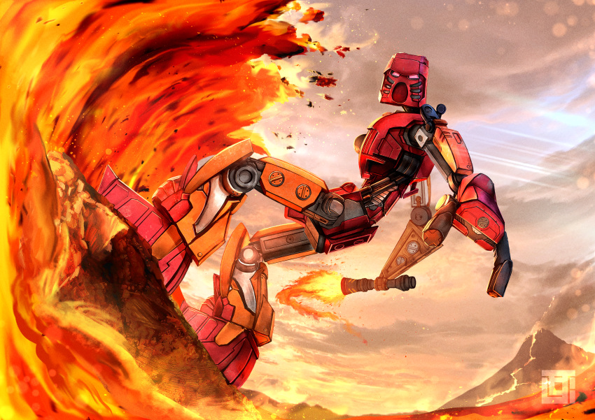 absurdres bionicle cloud cloudy_sky flaming_sword flaming_weapon highres holding holding_sword holding_weapon humanoid_robot kanohi_(bionicle) kozsen_810290 lava mask pink_eyes robot rock sky solo sunlight surfing sword tahu_(bionicle) the_lego_group volcano waves weapon