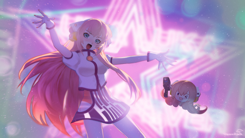 :d ;d absurdres blue_eyes blurry blush bokeh breasts camera character_name clothing_cutout depth_of_field fingernails highres holding holding_camera leotard luka_luka_night_fever_(vocaloid) medium_breasts megurine_luka neon_sign one_eye_closed open_mouth pink_hair pink_leotard pink_nails pink_skirt project_diva_(series) puffy_short_sleeves puffy_sleeves shirt short_sleeves skirt smile star_(symbol) symbol-shaped_pupils takoluka tongue vocaloid white_shirt zontik2404