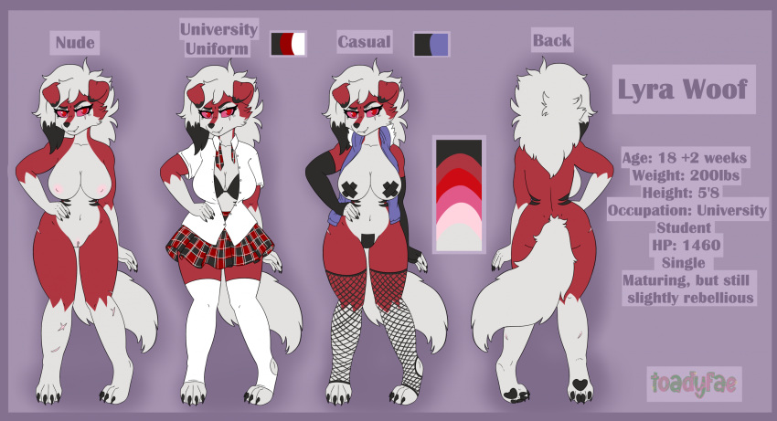 adult_female anthro big_breasts bra breasts claws clothing fawnishy female fishnet fishnet_legwear generation_7_pokemon genitals hi_res legwear lingerie looking_at_viewer lycanroc lyra_woof midnight_lycanroc model_sheet nintendo nipples pokemon pokemon_(species) pussy red_eyes reference_image scar smile smiling_at_viewer solo toe_claws underwear uniform white_clothing white_legwear