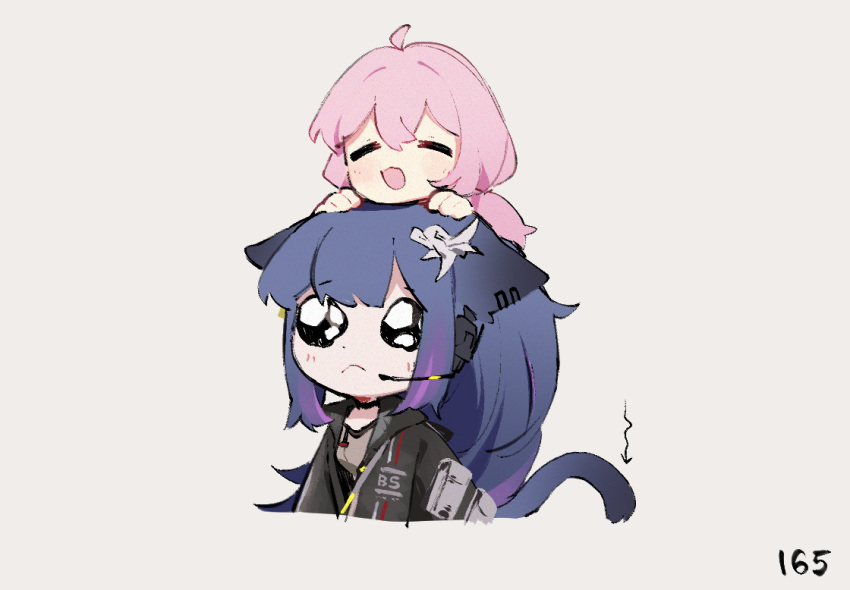 2girls :d ahoge animal_ears arknights black_jacket blacksteel_worldwide_logo blue_hair blue_poison_(arknights) cat_ears cat_girl cat_tail chibi chibi_on_head closed_eyes cropped_torso crying crying_cat_(meme) crying_with_eyes_open dailybloopy ears_down flower frown grey_shirt hair_flower hair_ornament hands_on_another's_head headset high_ponytail hood hooded_jacket jacket jessica_(arknights) long_hair meme microphone multicolored_hair multiple_girls on_head pink_hair pouch purple_hair shirt sidelocks simple_background smile tail tears twintails two-tone_hair white_background