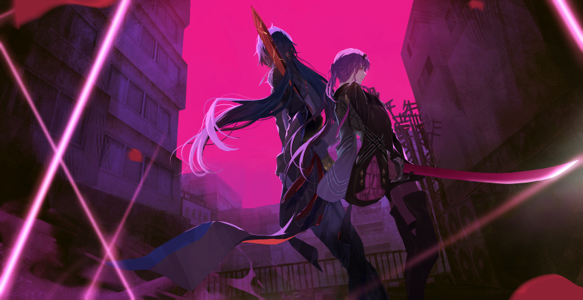 1boy 1girl absurdres back-to-back blade_(honkai:_star_rail) blue_hair boots building falling_petals feet_out_of_frame floating_hair from_behind highres holding holding_sword holding_weapon honkai:_star_rail honkai_(series) jacket jacket_on_shoulders kafka_(honkai:_star_rail) long_hair outdoors pantyhose petals pink_sky playing_with_own_hair ponytail purple_eyes purple_hair reverse_grip sky sword thigh_boots weapon zassyoku_dd