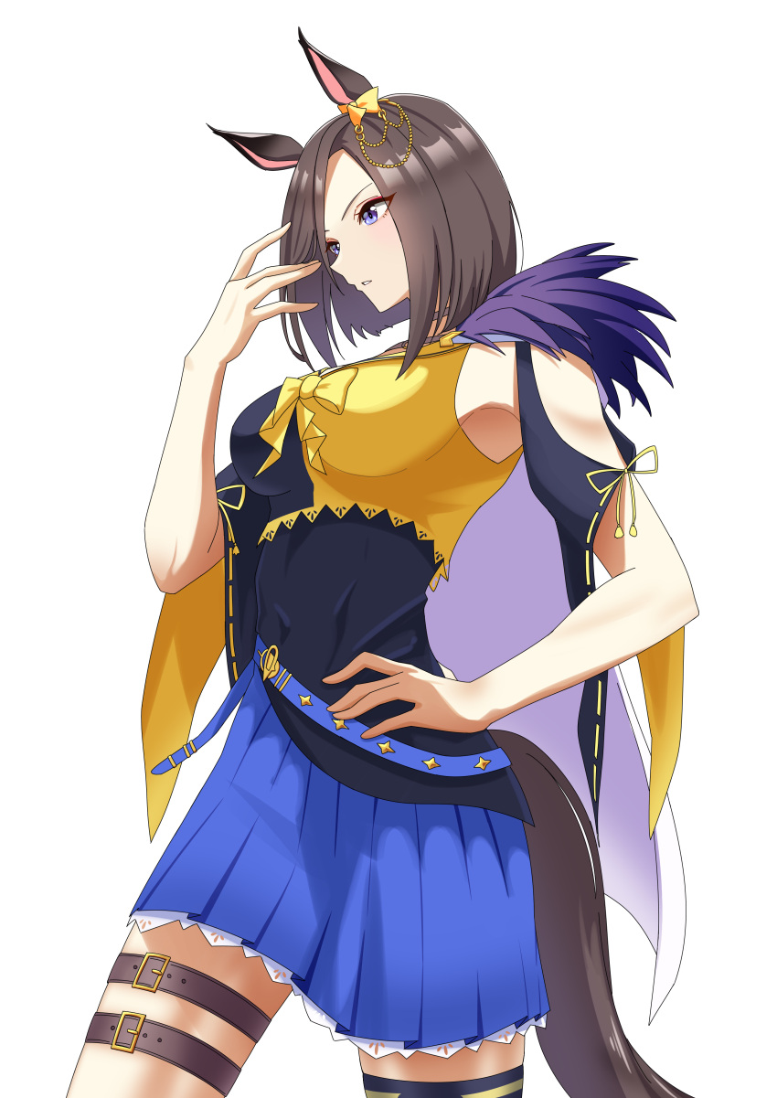1girl absurdres air_groove_(umamusume) animal_ears bare_shoulders belt black_choker black_thighhighs blue_dress blue_skirt blush breasts brown_belt brown_hair choker cleavage closed_mouth collarbone commentary_request cowboy_shot dress highres horse_ears horse_girl looking_at_viewer medium_breasts medium_hair purple_eyes senchan_7 simple_background single_thighhigh skirt smile solo sweat tail thigh_strap thighhighs two-tone_dress umamusume white_background yellow_dress
