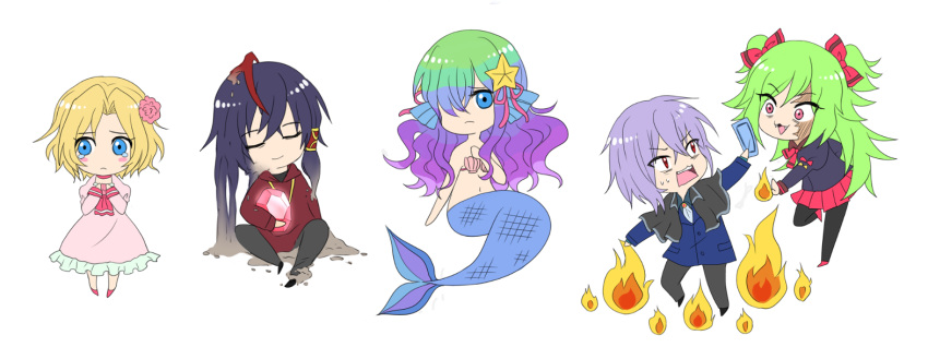 2boys 3girls :3 ascot black_capelet black_footwear black_pants black_shirt black_suit blonde_hair blue_eyes blue_eys blue_hair blue_suit bow bowtie capelet chibi closed_eyes closed_mouth dark_blue_hair dress dust fangs fins fire flower frilled_dress frills gem gradient_hair green_hair hair_between_eyes hair_bow hair_flower hair_ornament hair_over_one_eye hand_on_own_chest hands_on_own_chest head_fins holding holding_gem hood hoodie implied_death jewelry lime_(witch's_heart) long_sleeves looking_at_another looking_to_the_side mermaid monster_girl moon-realm multicolored_hair multiple_boys multiple_girls navel necklace noel_levine_(past) open_mouth pants pink_dress pink_flower puffy_long_sleeves puffy_sleeves purple_hair red_ascot red_bow red_bowtie red_eyes red_hair red_hoodie red_skirt running sheila_(witch's_heart) shell shell_bikini shirt short-hair simple_background single_hair_tube sirius_gibson skirt smile streaked_hair suit sweatdrop tears teeth twintails upper_teeth_only white_ascot white_background wide-eyed