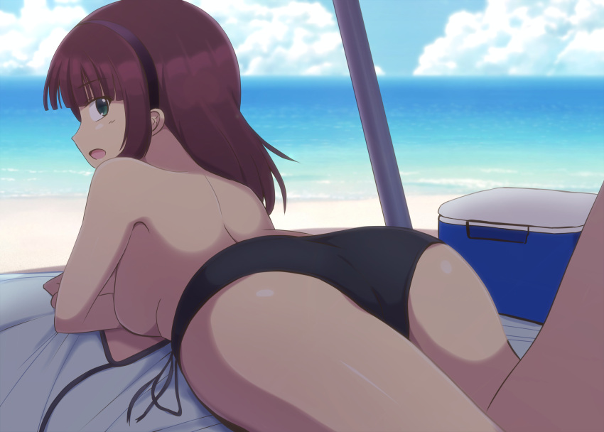 1girl absurdres angel_beats! arm_support ass ass_focus back bare_back bare_shoulders beach bikini bikini_bottom_only black_bikini black_hairband blanket blunt_bangs breasts commentary_request crossed_arms curvy day dutch_angle foot_up foreshortening from_behind green_eyes hairband highres lelie_(lelie_link) looking_at_viewer looking_back lying medium_breasts medium_hair nakamura_yuri ocean on_stomach open_mouth outdoors paid_reward_available profile purple_hair shiny_skin side-tie_bikini_bottom sideboob sidelocks sideways_glance solo straight_hair swimsuit the_pose thighs topless under_umbrella