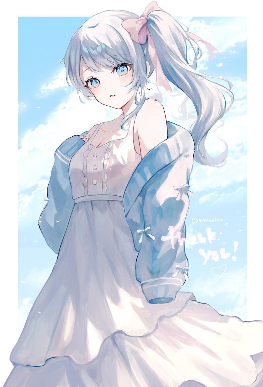 1girl animal_on_shoulder arm_at_side bare_shoulders bird bird_on_shoulder blue_eyes blue_jacket blue_sky blush border bow breasts center_frills cleavage cloud collarbone cowboy_shot dress frilled_dress frills grey_hair hair_bow highres ilis_0226 indie_virtual_youtuber jacket layered_dress long_bangs long_hair long_sleeves looking_at_viewer mirea_sheltzs off_shoulder open_clothes open_jacket outside_border parted_lips pink_bow side_ponytail sidelocks sky sleeveless sleeveless_dress sleeves_past_fingers sleeves_past_wrists small_breasts solo virtual_youtuber white_border white_dress white_hair