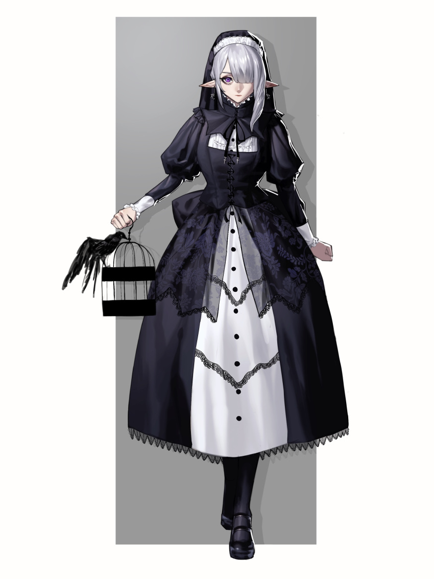 1girl absurdres bird black_bird black_dress cage closed_mouth dress earrings emo37337640 full_body hair_over_one_eye highres holding holding_cage jewelry long_sleeves looking_at_viewer original pointy_ears purple_eyes solo white_hair