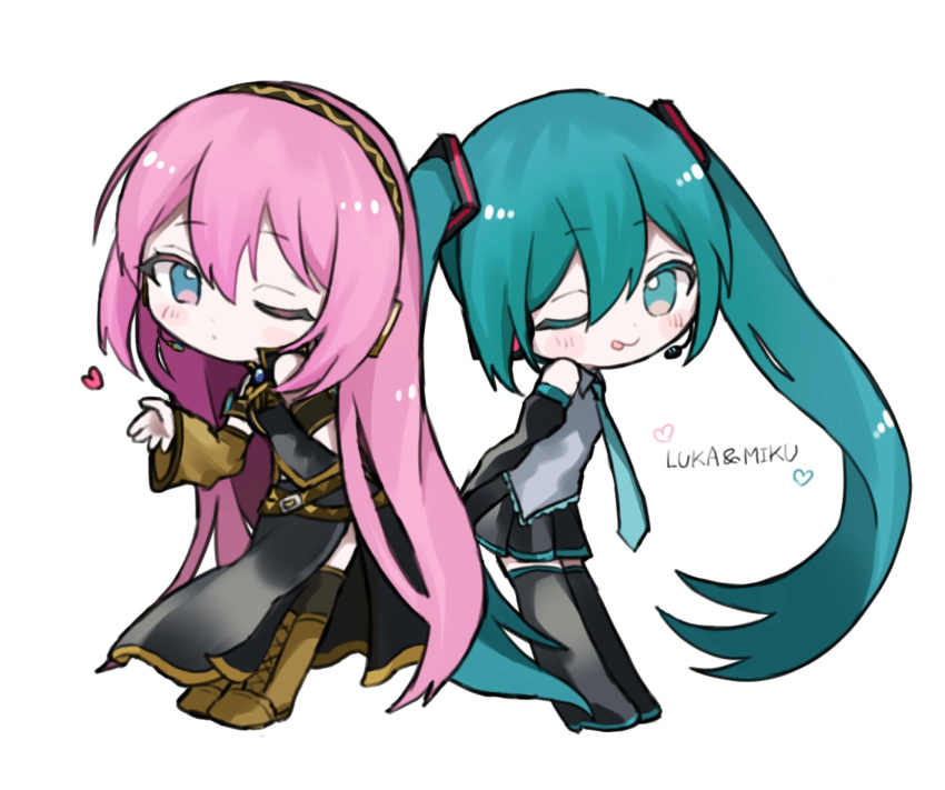 2girls aqua_hair aqua_necktie black_footwear black_shirt black_skirt black_sleeves blush boots brown_footwear character_name chibi collared_shirt detached_sleeves dot_nose full_body grey_shirt hair_between_eyes hair_ornament hatsune_miku headset heart highres maro_maro_3939 megurine_luka multiple_girls necktie one_eye_closed pink_hair pleated_skirt shirt side_slit simple_background skirt thigh_boots tongue vocaloid white_background