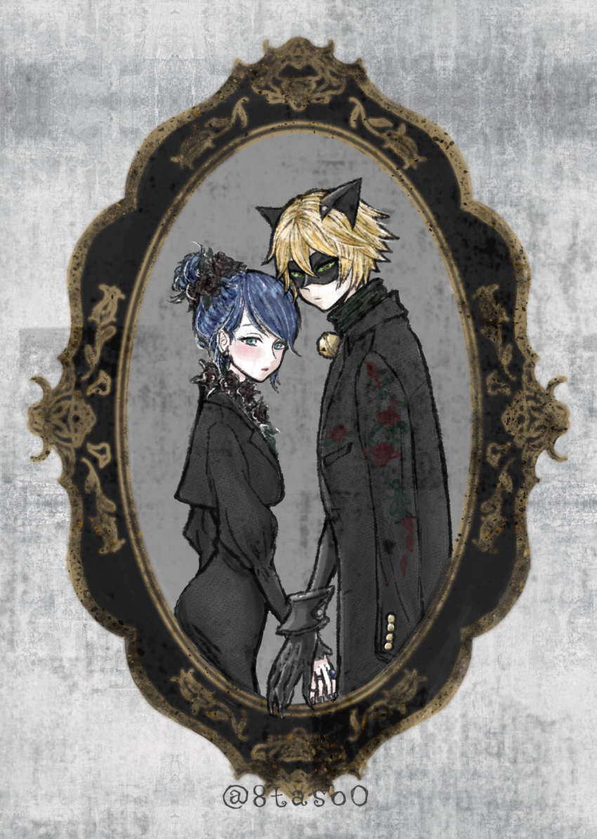 1boy 1girl 8taso0 adrien_agreste animal_ears bell black_dress black_mask black_vest blonde_hair blue_eyes blue_hair bodysuit cat_boy cat_ears chat_noir closed_mouth dress green_eyes hair_bun highres jingle_bell marinette_dupain-cheng mask miraculous_ladybug mirror superhero_costume vest