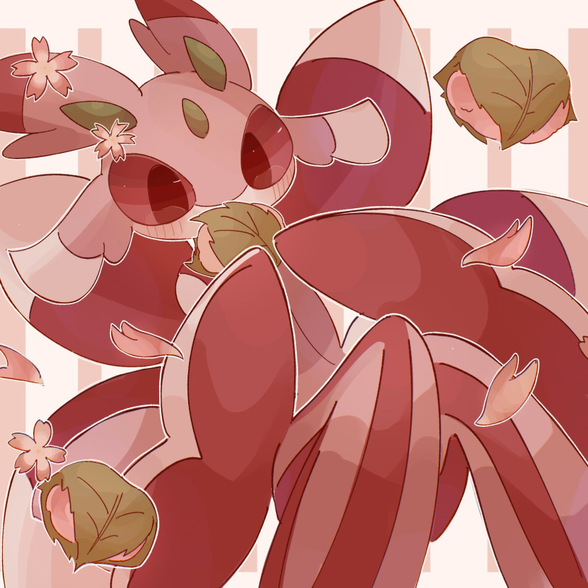 1girl antennae arthropod_girl blush colored_sclera colored_skin commentary_request dutch_angle eating flower food furry furry_female hands_up highres holding holding_food knees_together_feet_apart knees_up leaf lurantis mochi multicolored_skin partial_commentary petals pink_background pink_flower pink_skin pink_theme pokemon pokemon_(creature) red_eyes red_sclera sitting solo striped_background striped_skin tamako_(pixiv_71110817) white_skin