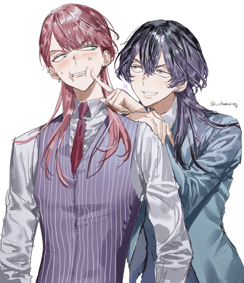 2boys absurdres annoyed arm_rest blue_suit blush chamuring cheek_poking evil_grin evil_smile frown green_eyes grin haitani_rindou hand_on_another's_shoulder highres leaning_on_person leaning_to_the_side light_blue_jacket male_focus multicolored_hair multiple_boys necktie pink_hair poking purple_hair purple_necktie purple_vest sanzu_haruchiyo scar scar_on_face shirt smile striped_clothes suit teeth tokyo_revengers two-tone_hair upper_body upper_teeth_only vest white_shirt wolf_cut yaoi