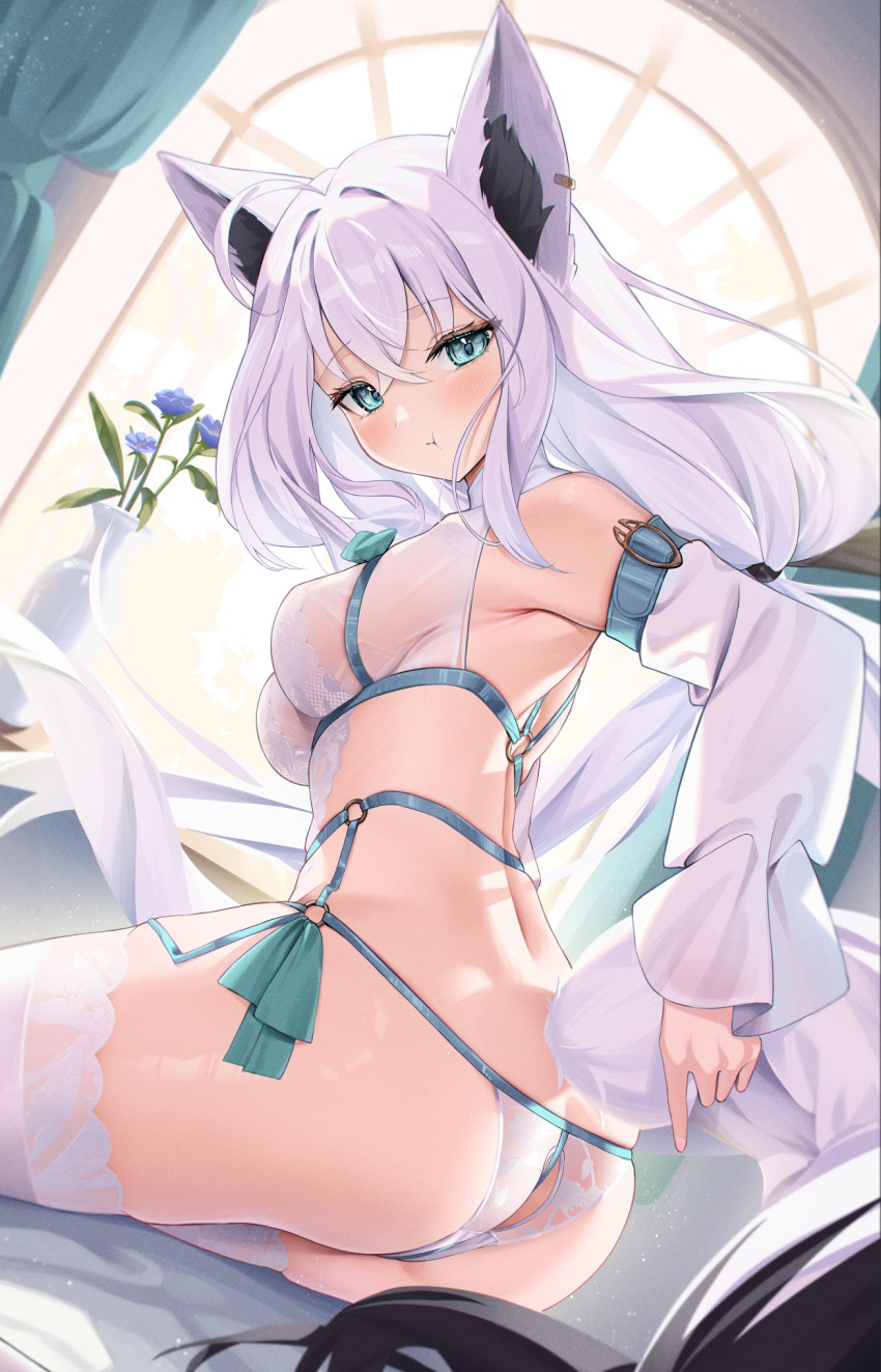 1girl ahoge alternate_costume animal_ear_fluff animal_ear_piercing animal_ears ass blush bra breasts crossed_bangs curtains detached_sleeves double-parted_bangs flower fox_ears fox_girl fox_tail from_side green_eyes hair_between_eyes hashtag_only_commentary highres hino_kagutsuki holding_own_tail hololive indoors lace lace-trimmed_thighhighs lace_bra lace_panties lingerie long_hair looking_at_viewer low_ponytail medium_breasts o-ring o-ring_bottom o-ring_panties o-ring_top panties pout shirakami_fubuki sideboob sitting sleeves_past_wrists solo string_panties tail thighhighs underwear very_long_hair virtual_youtuber white_hair white_panties white_thighhighs window