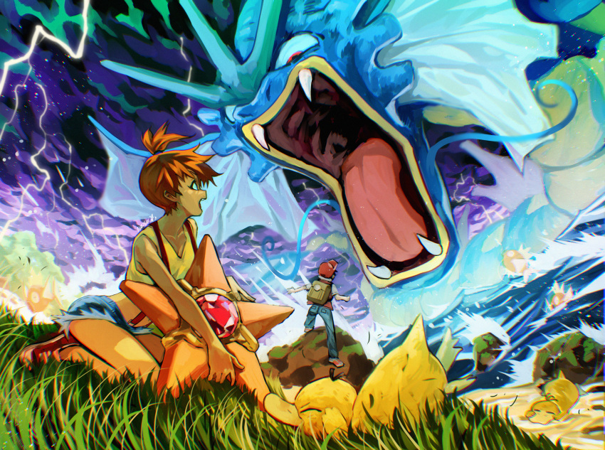 1boy 1girl ash_ketchum blue_shorts clip_studio_paint_(medium) cloud cloudy_sky commentary eudetenis faceoff fangs full_body golduck gyarados highres lightning magikarp misty_(pokemon) multiple_others open_mouth pokemon pokemon_(anime) pokemon_(classic_anime) pokemon_(creature) redrawn shorts size_difference sky starmie storm suspender_shorts suspenders tank_top water yellow_tank_top