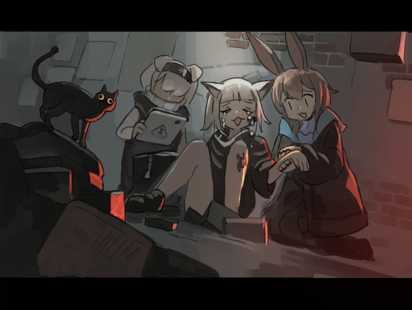 3girls amiya_(arknights) animal_ears arknights black_cat cat cat_ears cat_girl crying dog_ears dog_girl hairband happy holding holding_tablet_pc jacket long_hair material_growth multiple_girls oripathy_lesion_(arknights) rabbit_ears rabbit_girl reserve_operator_logistics_(arknights) rhodes_island_logo_(arknights) short_hair tablet_pc whitebear