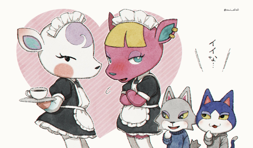 2boys 2girls :3 :d alternate_costume animal_crossing apron aqua_eyes artist_name black_dress black_eyes blue_sweater blush bright_pupils cat_boy coffee coffee_mug collared_dress commentary_request crossed_arms cup deer_girl diana_(animal_crossing) dress embarrassed enmaided eyelashes fang_(animal_crossing) frilled_apron frilled_dress frills fuchsia_(animal_crossing) furry furry_female furry_male grey_hoodie hand_up heart highres holding holding_tray hood hood_down hoodie kaji_(oni_atat) looking_at_viewer maid maid_apron maid_headdress mug multiple_boys multiple_girls nose_blush open_mouth pink_background puffy_short_sleeves puffy_sleeves short_sleeves simple_background smile standing striped_background sweater thighhighs tom_(animal_crossing) translation_request tray twitter_username white_apron white_background white_pupils white_thighhighs wolf_boy yellow_eyes