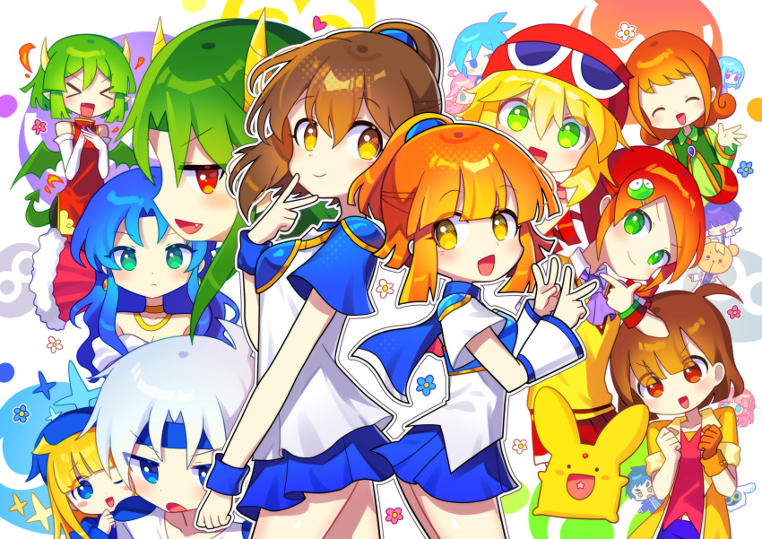 &gt;_&lt; &gt;o&lt; 5boys 6+girls :d absurdres amitie_(puyopuyo) andou_ringo arle_nadja black_pants blonde_hair blue_eyes blue_hair blue_skirt brown_gloves brown_hair carbuncle_(puyopuyo) character_request china_dress chinese_clothes closed_mouth draco_centauros dragon_girl dragon_horns dragon_tail dragon_wings dress drill_hair earrings elbow_gloves fang gloves green_eyes green_hair grey_hair highres horns jewelry long_hair long_sleeves multiple_boys multiple_girls offbeat one_eye_closed open_mouth pants puyopuyo raffina_(puyopuyo) red_dress red_eyes red_hair rulue_(puyopuyo) satan_(puyopuyo) schezo_wegey short_hair short_sleeves sig_(puyopuyo) single_glove skirt sleeveless sleeveless_dress smile tail twin_drills v white_gloves wings witch_(puyopuyo) xd