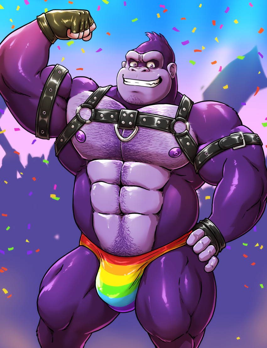 abs absurd_res anthro ape beard big_pecs body_hair bulge chest_hair clothing confetti donkey_kong_(series) facial_hair fur gloves gojho gorilla hair handwear haplorhine harness hi_res leather lgbt_pride male mammal monkey multicolored_clothing multicolored_speedo multicolored_swimwear musclegut muscular muscular_anthro muscular_male nintendo nipples pecs pride_color_clothing pride_color_speedo pride_color_swimwear pride_colors primate purple_body purple_fur rainbow_pride_colors rainbow_speedo six-stripe_rainbow_pride_colors solo speedo swimwear