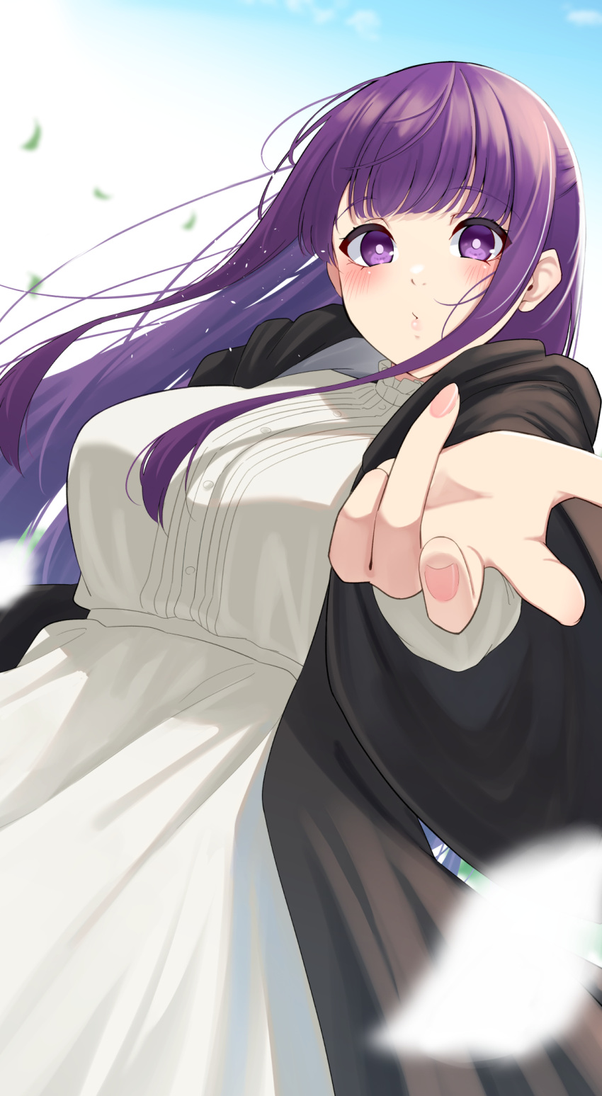 1girl black_coat black_robe blowing_kiss blunt_bangs blush breasts buttons coat commentary dress fern_(sousou_no_frieren) frieren_blowing_a_kiss_(meme) highres large_breasts long_hair long_sleeves looking_at_viewer meme nanohana_(november.) o3o pov puckered_lips purple_eyes purple_hair purple_pupils robe sidelocks sousou_no_frieren straight_hair white_dress