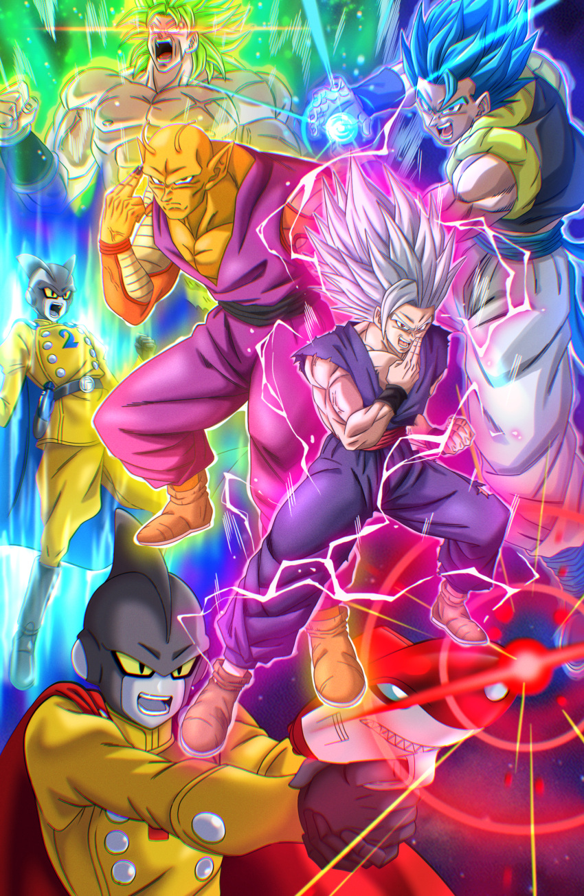 6+boys android aura black_sash black_vest black_wristband blue_cape blue_eyes blue_hair blue_sash broly_(dragon_ball_super) brown_footwear buraku_black cape colored_sclera colored_skin energy_gun finger_on_trigger gamma_1 gamma_2 glowing glowing_eyes gogeta gohan_beast green_hair grey_skin gun highres holding holding_gun holding_weapon jacket kamehameha_(dragon_ball) makankousappou metamoran_vest multiple_boys no_pupils open_mouth orange_piccolo orange_skin pants powering_up purple_pants purple_shirt red_cape red_eyes red_sash sash scar shirt son_gohan topless vest weapon white_hair white_pants yellow_jacket yellow_sclera