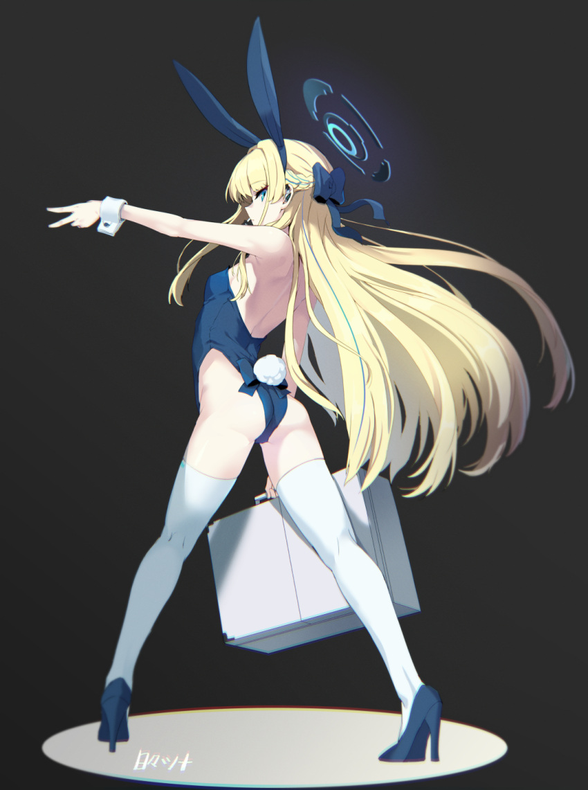 1girl animal_ears armpits artist_name ass bare_arms bare_back bare_shoulders black_background blonde_hair blue_archive blue_bow blue_eyes blue_footwear blue_leotard bow braid breasts briefcase fake_animal_ears fake_tail floating_hair from_behind full_body hair_bow halo hibi_tsuna high_heels highleg highleg_leotard highres holding holding_briefcase leotard long_hair looking_at_viewer multicolored_hair official_alternate_costume outstretched_arm rabbit_ears rabbit_tail small_breasts solo streaked_hair tail thighhighs toki_(blue_archive) toki_(bunny)_(blue_archive) very_long_hair white_thighhighs wrist_cuffs