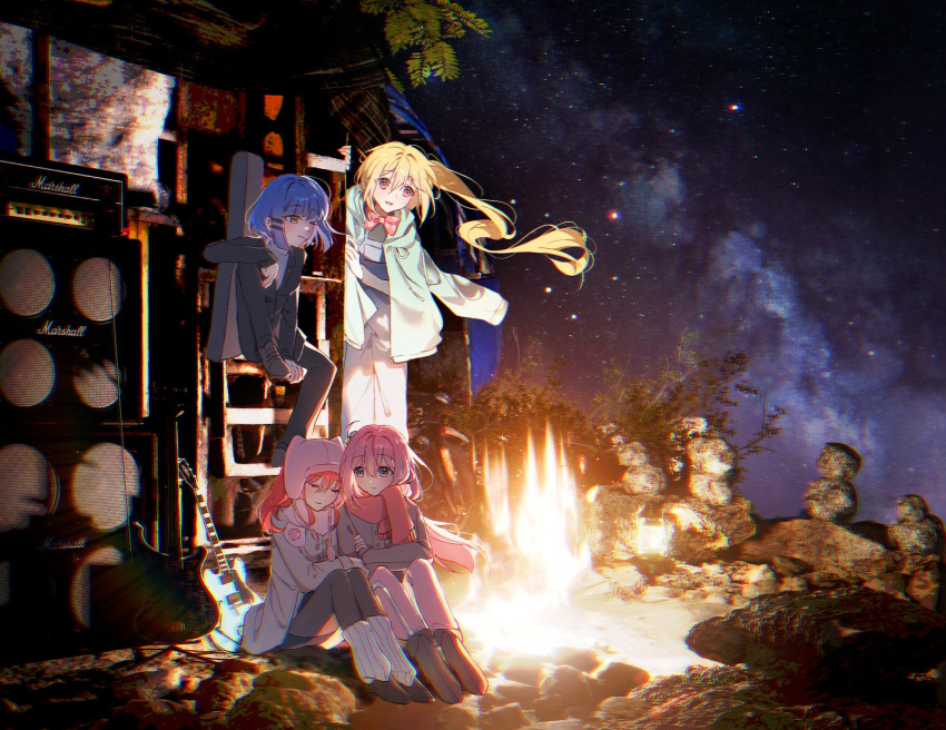 4girls amplifier arm_grab bccommi black_jacket black_pants blonde_hair blue_eyes blue_hair blue_overalls bocchi_the_rock! bow bowtie campfire closed_eyes commentary_request cube_hair_ornament floating_hair gotoh_hitori grey_shirt guitar hair_between_eyes hair_ornament hairclip highres ijichi_nijika instrument instrument_case jacket jacket_on_shoulders kita_ikuyo long_hair multiple_girls night one_eye_closed one_side_up open_mouth outdoors overalls pants pink_hair pink_jacket polka_dot_bowtie red_bow red_bowtie red_eyes red_hair red_scarf scarf shirt short_hair side_ponytail sitting sky star_(sky) starry_sky white_leg_warmers winter_clothes yamada_ryo yellow_eyes