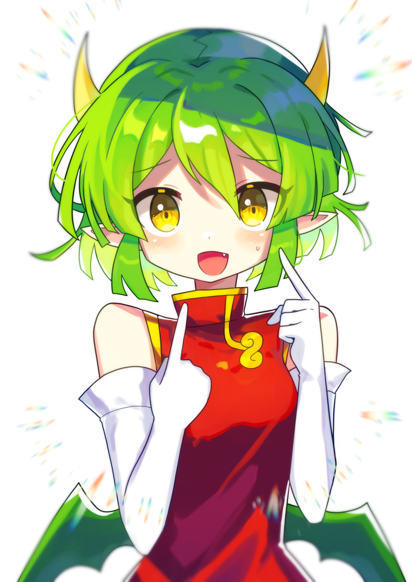 1girl absurdres blush brown_eyes china_dress chinese_clothes draco_centauros dragon_girl dragon_horns dragon_wings dress elbow_gloves fang gloves green_hair highres horns looking_at_viewer offbeat open_mouth pointing pointing_at_self puyopuyo red_dress short_hair sleeveless sleeveless_dress smile solo upper_body white_gloves wings