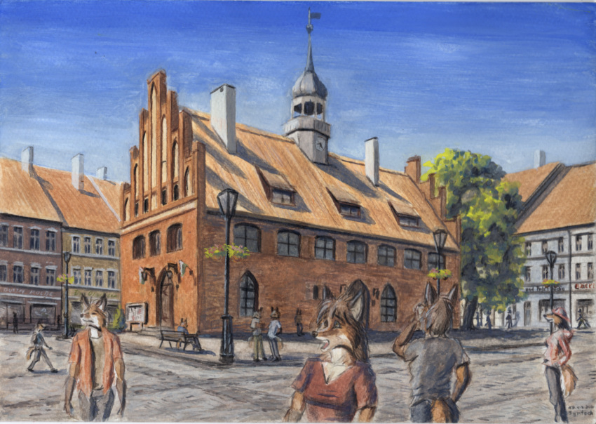 2024 anthro canid canine city clock female flower fox gothic_architecture gouache_(artwork) group hi_res looking_at_object male mammal painting_(artwork) plant red_fox sitting standing street_lamp syntech town town_hall traditional_media_(artwork) tree true_fox walking