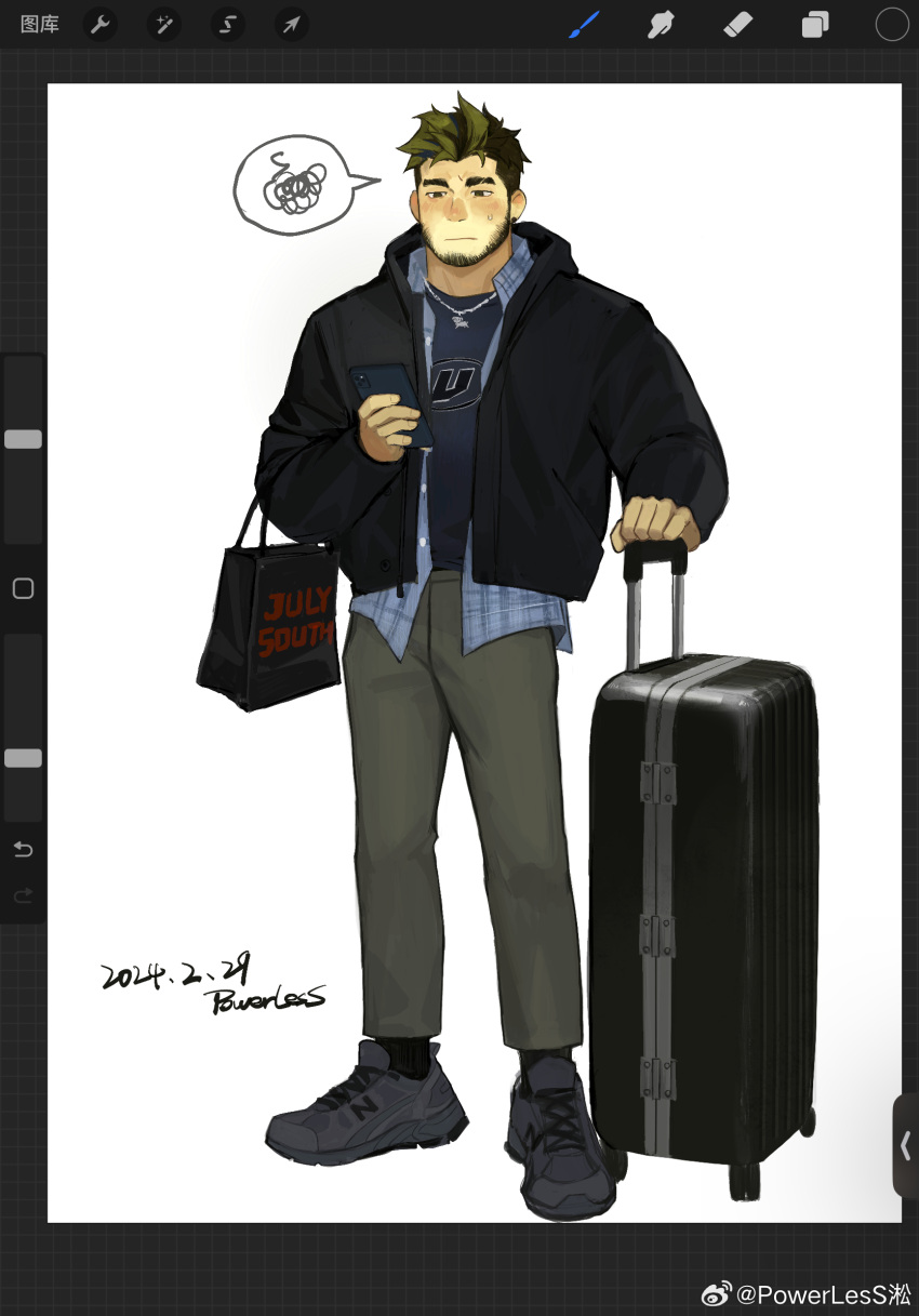 1boy art_program_in_frame bag bara beard_stubble facial_hair full_body highres holding holding_phone jacket layered_shirt male_focus oc_(powerlesssong) open_clothes open_jacket original phone powerlesssong shopping_bag short_hair solo spoken_squiggle squiggle standing stubble thick_eyebrows