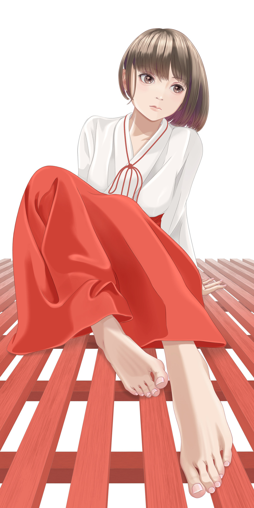 1girl absurdres arm_support barefoot blush breasts brown_eyes brown_hair closed_mouth commentary_request feet foreshortening full_body hakama hakama_skirt highres japanese_clothes kimono knees_up lips long_sleeves medium_breasts medium_hair miko original red_hakama sitting skirt solo toenails toes toyoki white_background white_kimono